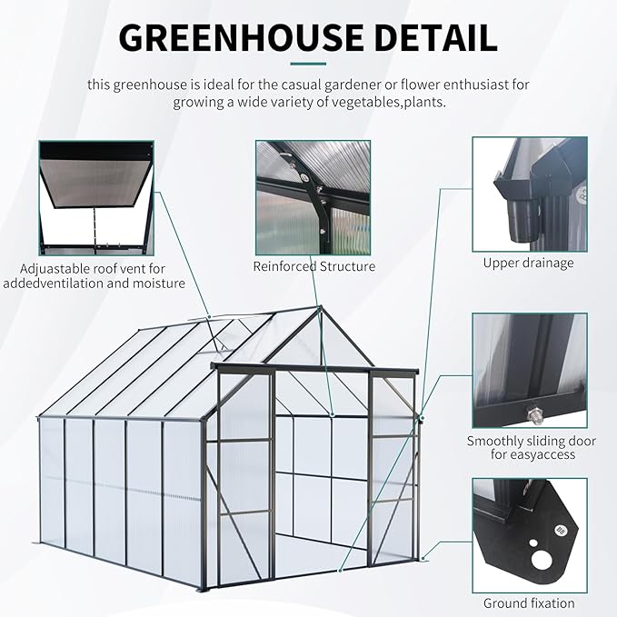 KEIKI 8x10 FT Double Door Polycarbonate Greenhouse with Aluminum Frame,Raised Base and Roof Vent,Walk-in Greenhouses for Patio Garden