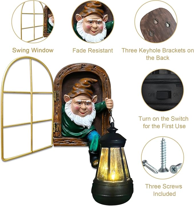 Fairy Garden Statues Gnomes Solar Lantern - Halloween Elf Out The Door Tree Hugger Figurines Fence Wall Yard Art Home Decor Outdoor Tree Face Sculpture, Ideal Thanksgiving Decorations