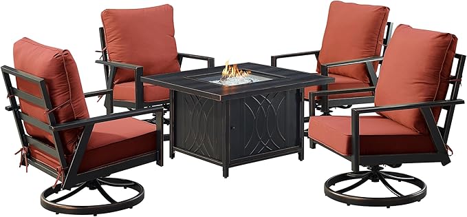 Oakland Living Black Aluminum Patio Fire Table Set with Four Club Chairs with Red Cushions