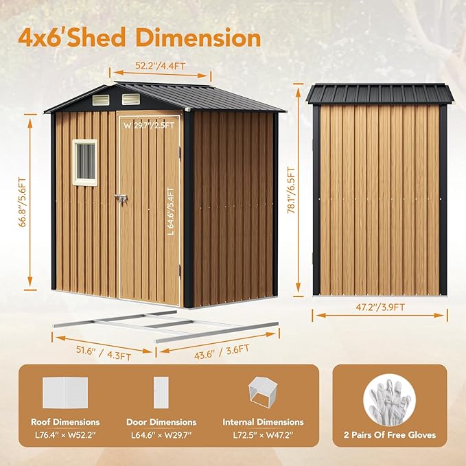 6X4FT Garden Storage Shed with Frame Floor & Lockable Door,Steel Tool Shed with 1 Clear Window, Anti-Corrosion Metal Shed for Backyard Patio Lawn (Light Wood Grain)