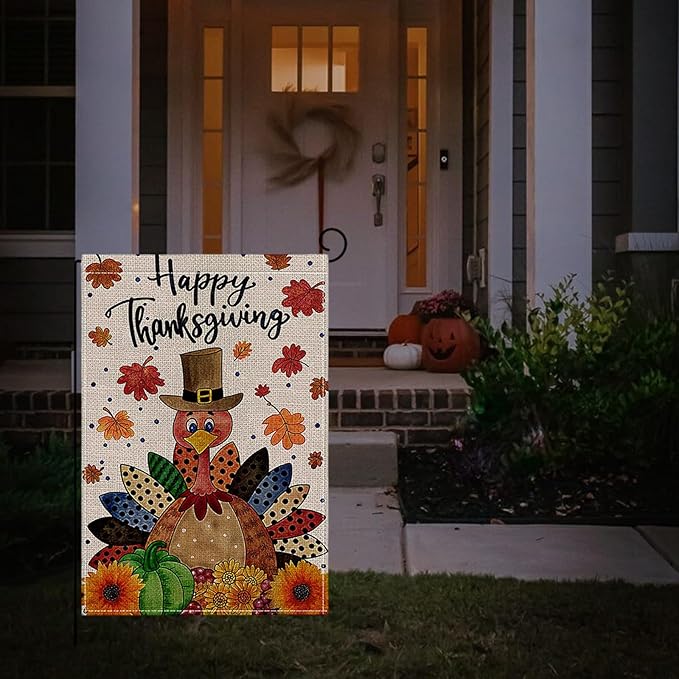 Fall Garden Flag 12 x 18 Inch Double Thanksgiving Sided Cute Turkey Maple Leaves Sunflower Designs Autumn Burlap Yard Flag for Outside Rustic Yard Outdoor Holiday Home Decoration