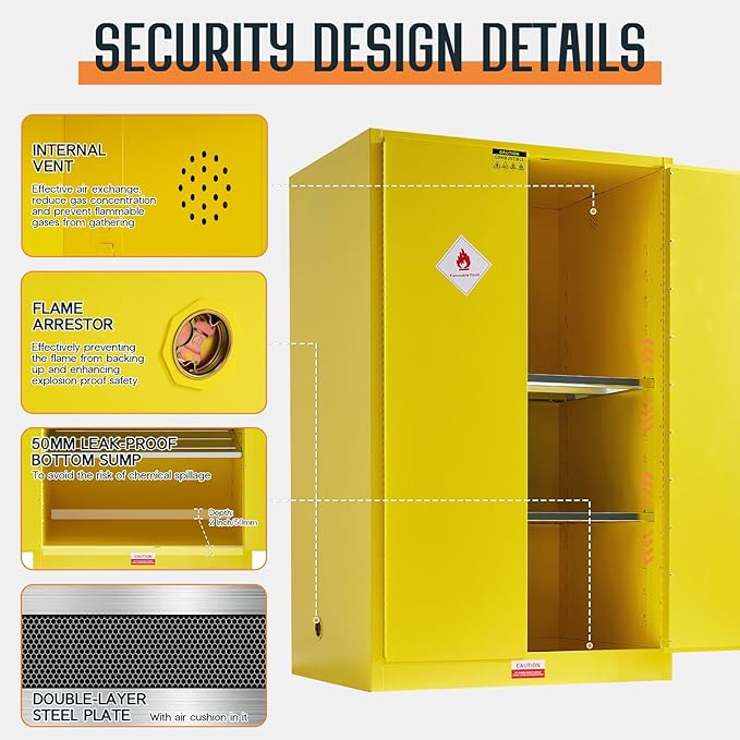 SPECRAFT 100 Gal Flammable Safety Cabinet, 70x43x34 Inch, Cold-Rolled Steel, Adjustable Shelves, OSHA & CE Certified for Industrial, Commercial, Laboratory, and Institutional Use, Yellow