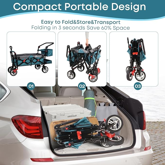 Collapsible Wagon with Canopy,330lbs Cart, Collapsible Foldable Garden Cart- with Adjustable Push Pulling Handles Outdoor Utility Wagon for Beach Garden Camping, Blue