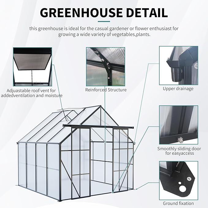 KEIKI 8x8 FT Double Door Polycarbonate Greenhouse with Aluminum Frame,Raised Base and Roof Vent,Walk-in Greenhouses for Patio Garden