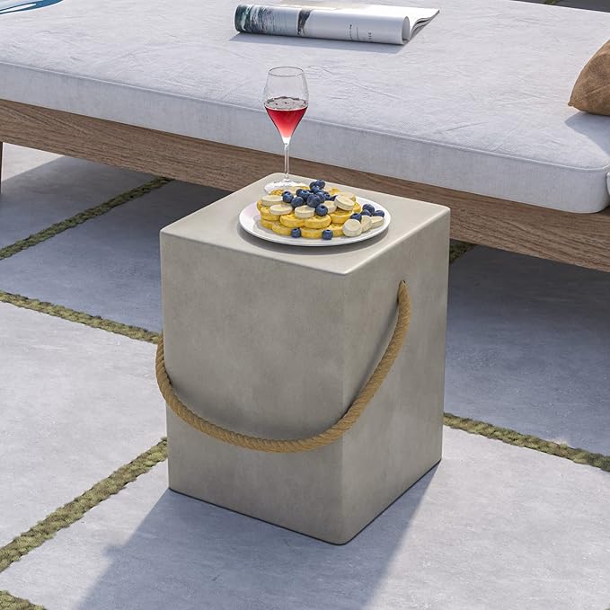 COSIEST Set of 2 Concrete Side Table, Rectangular Outdoor Side Table w Hemp Rope Handles,15''Patio Side Tables End Table, Outdoor Accent Side Table for Garden and Patio, Grey