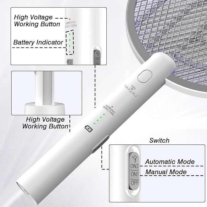 Bug Zapper Racket, 2 in 1 Electric Fly Zapper USB Rechargeable, 4000V Electric Fly Swatter with 3 Layer Safety Mesh, Indoor Outdoor Electric Racket for Kitchen, Bedroom, Camping