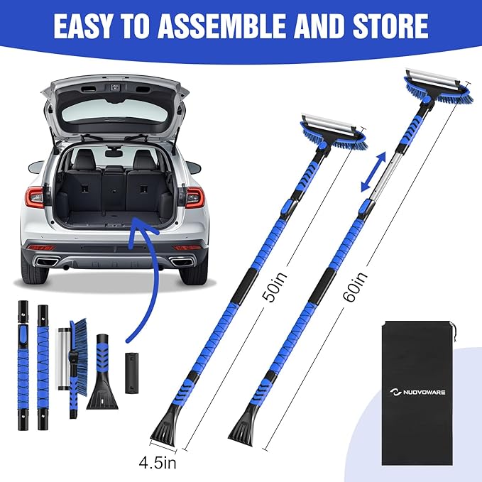 Nuovoware 60" Ice Scraper and Extendable Snow Brush for Car Windshield, 5 in 1 Adjustable Snow Removal Tools with 270° Pivoting Brush Head for Car Auto Truck SUV, Blue