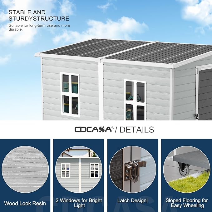 CDCASA 4x8 FT Resin Lean to Shed, Waterproof Outdoor Storage Sheds with Floor & Lockable Door & 2 Windows, Vent, Plastic Tool Shed for Outside, Backyard, Patio, Poolside, Gray