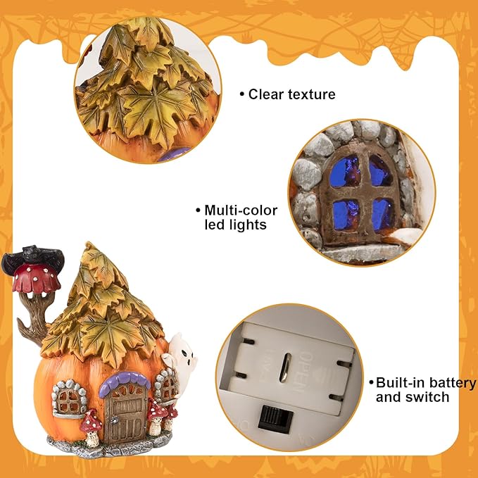Colorful Light Up Halloween Village, 6.5"H Spooky Miniature Haunted House Decor, Resin Ghost Pumpkin Figurine Outdoor Fall Fairy Garden Statue, Indoor Tabletop Desk Mantel Decoration for Home