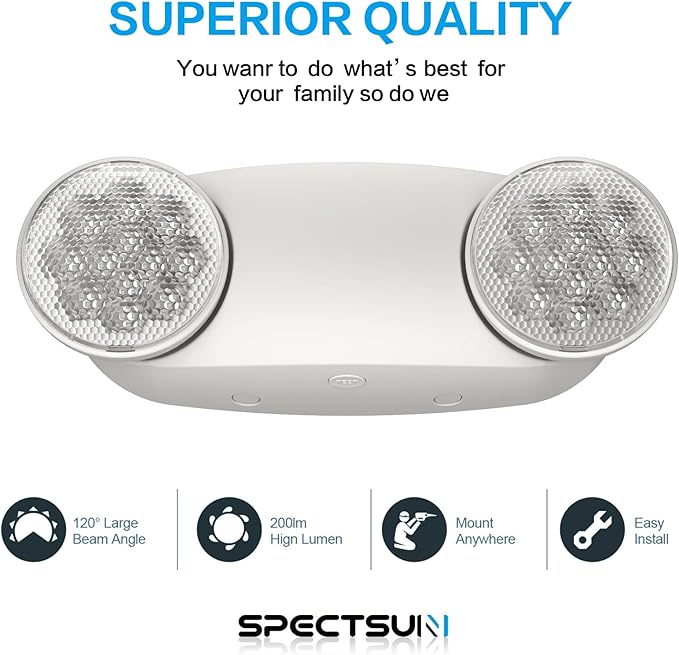 SPECTSUN 12 Pack LED Emergency Lighting Fixture with Battery Backup and Bug Eye Heads-US Standard Emergency Light Combo-Compact Design–Thermoplastic Housing for Indoor Outdoor