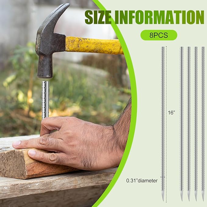 Gisafai 8 Pcs 16 Inch Ground Rebar Stakes Heavy Duty Ground Anchors Steel Plant Support Garden Stake Long Straight Metal Spikes with Chisel Point End for Concrete Timber Garden Plant Tent