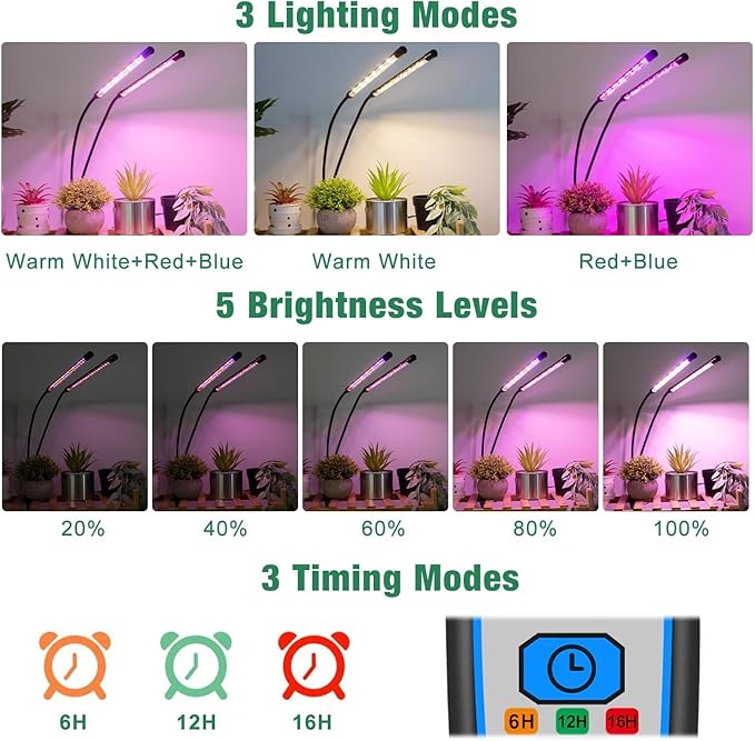 Garpsen Grow Lights for Indoor Plants, 2PCS 2 Heads Full Spectrum Led Grow Lights for Seed Starting, 80 LEDs Plant Grow Light, with Auto ON/Off 6/12/16H Timer, 5 Dimmable Levels (460nm/660nm/3000K)