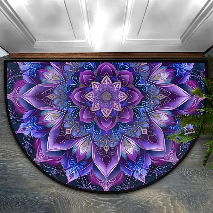 cfpolar Beautiful Mandala Blue Flowers Half Round Semicircle Mat, Non Slip Soft Area Rug for Front Door Indoor Entrance Wear Resistant Welcome Mat for Garage Patio Home Decor 24 x 36 in