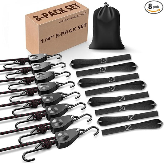 VIPARSPECTRA Ratchet Tie Down Straps, 1/4" Adjustable Rope Hangers [8 Pack, 12FT, 150 lbs/Pack], Heavy Duty Kayak Pulley System with Hooks for Garage Cargo Trucks Tents Grow Lights Various Lashing