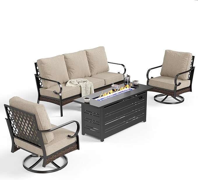 4 Piece Black Metal Outdoor Patio Furniture Sets with Firepit Table, Patio Conversation Sets 1 3-Seater Sofa, 2 Swivel Sofa with 5.75" Thick Cushion Backyard Furniture for Deck, Beige