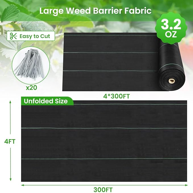 Weed Barrier Fabric, 4x300ft Landscape Fabric, 3.2oz Heavy Duty Durable Woven Geotextile Fabric, High Permeability Ground Cover Mat, Driveway Fabric, Garden Weed Control Cloth with 20 U-Securing Pegs