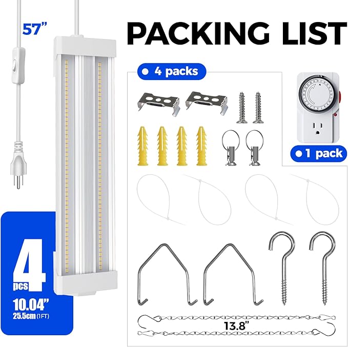 Barrina TX18 1FT Grow Light for Indoor Plants, 72W(4 x 18W, 360W Equivalent), High PPFD, 5000K Full Spectrum Grow Light Strip for Plant Shelves with On/Off Switch, Mechanical Timer, Linkable, 4 Packs