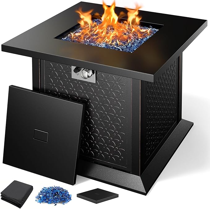 Ciays 28" Propane Fire Pit Table with 50,000 BTU Output, Outdoor Gas Fire Pit Table CSA-Certified for Outside Patio with Glass Rocks and Removable Lid, Add Warmth and Ambience to Parties, Garden