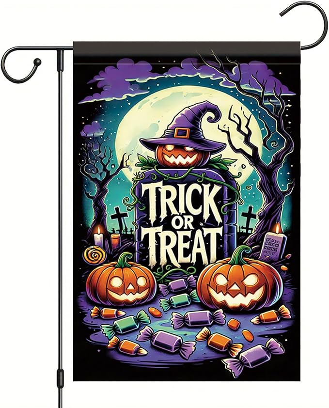 Halloween Garden Flag Pumpkin Witch Hat Trick or Treat Flag 12x18 Inch Double Sided Outdoor Yard Banner for Halloween Haunted House Spooky Decoration Decor