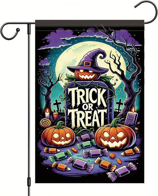 Halloween Garden Flag Pumpkin Witch Hat Trick or Treat Flag 12x18 Inch Double Sided Outdoor Yard Banner for Halloween Haunted House Spooky Decoration Decor
