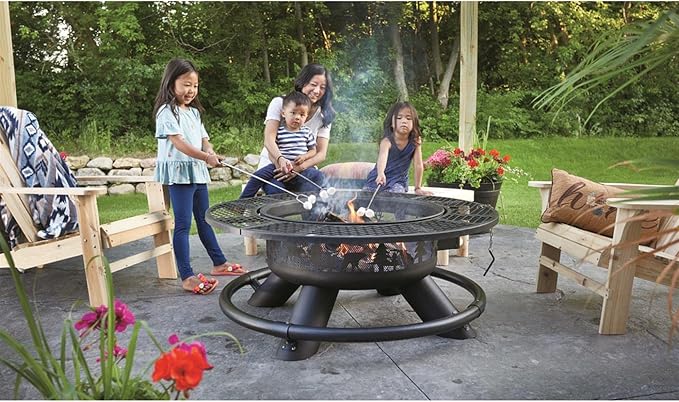 CASTLECREEK 47" Fire Pit BBQ Grill Outdoor Wood Burning Steel Log Firepit for Camping, Grilling, Smores, Yard, Cooking Outside, Barbecue, Bonfire Geometric