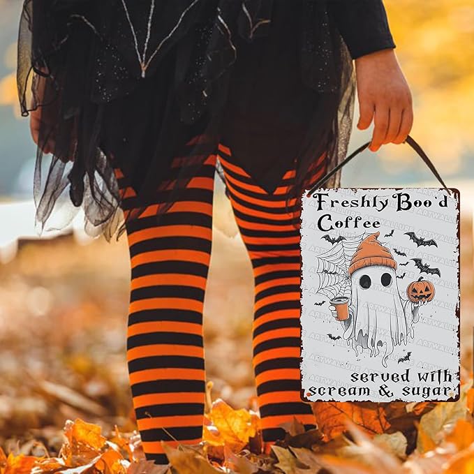 Halloween Rustic Metal Tin Sign Freshly Boo’d Coffee Vintage Fall Decor Retro Tin Plaque Kitchen Wall Art Metal Poster Home Iron Painting Wall Decor 12x16inch