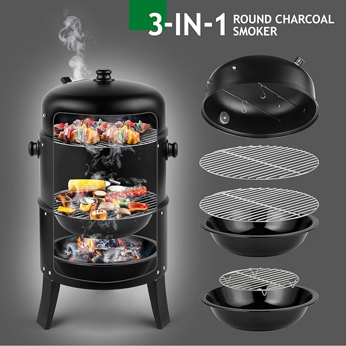 16 Inch Charcoal Smoker, 3-in-1 Meat Smoker Grill with Thermometer & Dual Cooking Racks Portable Outdoor BBQ Smoker with 2 Access Doors, Easy to Clean, for Backyard, Camping & Parties