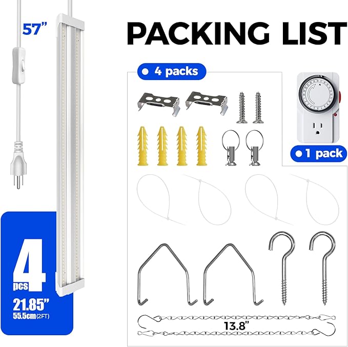 Barrina TX36 2FT Grow Light for Indoor Plants, 144W(4 x 36W, 800W Equivalent), High PPFD, 5000K Full Spectrum, Mechanical Timer, Hanging Grow Lights for Seedings, with On/Off Switch, Linkable, 4 Packs