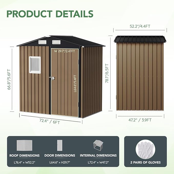 6X4FT Outdoor Steel Storage Shed with Lockable Doors, One Window,Ideal for Garden, Backyard, Patio Storage,Brown