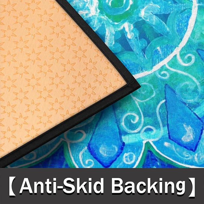 cfpolar Half Round Blue Boho Mandala Semicircle Mat, Non Slip Area Rug Soft Doormat for Front Door Indoor Entrance Welcome Mat for Garage Patio Home Decor 24 x 36 in