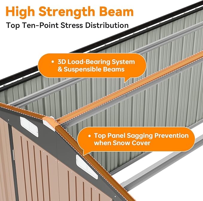 8x12 FT Metal Outdoor Storage Shed, Dual Doors with Lockable Bolts, Large Garden Shed for Yard Tools, Bike, Generator, Waterproof Galvanized Steel Panel with Vent & Sloping Roof（Brown）