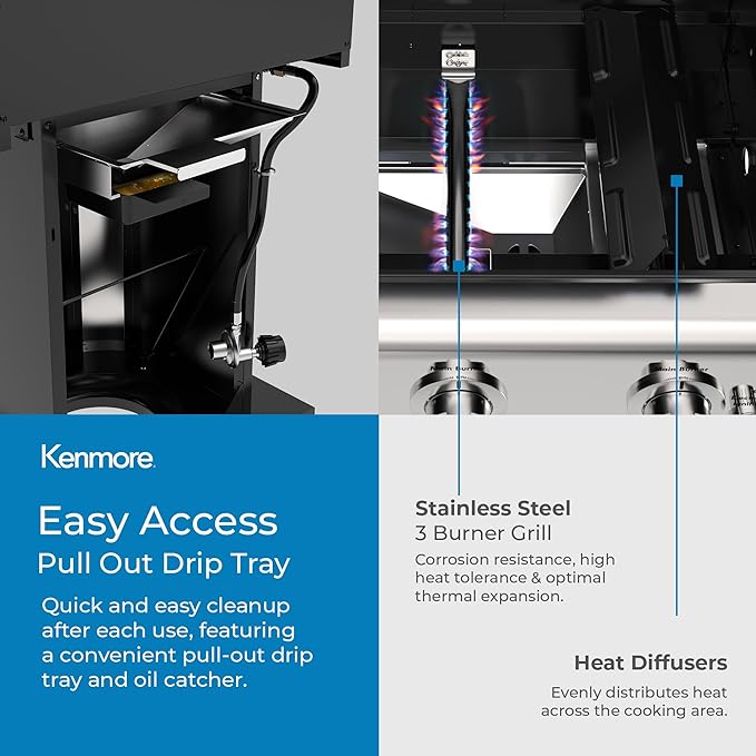 Kenmore 3-Burner Propane BBQ Grill, 30,000 BTUs Gas Grill with Cast Iron Cooking Grates, Folding Side Tables & Wheels, Outdoor Grill with Tool Hooks, Black