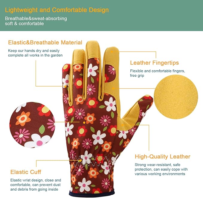 Bamllum Leather Gardening Gloves for Women - Working Gloves for Weeding, Digging, Planting, Raking and Pruning