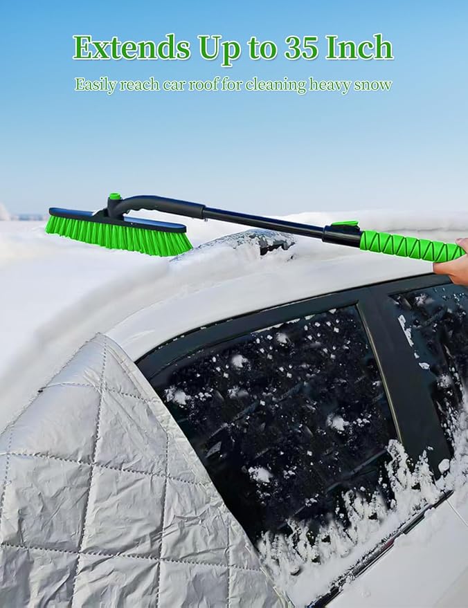 HEEYA Snow Brush for Car, Extendable Snow Brush and Ice Scraper with Foam Grip, Car Window Scraper for Snow and Ice for SUV Truck Auto Jeep RV Vehicle Windshield - Green