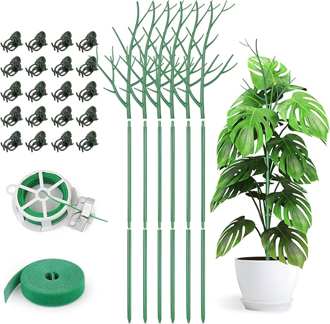 6 Pack Plant Support Stakes for Indoor Plants, 39.37 Inch Twig Plant Sticks with Orchid Clips Twist Ties and Plant Ties for House Potted Monstera Plants, Plastic Branches Support Structures, Green