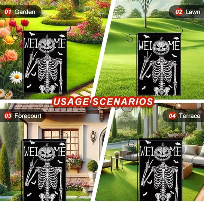 Halloween Welcome Garden Flag 12x18 Inch Double Sided, Grim Reaper Skeleton Pumpkin Yard Flag, Outdoor Porch Patio Lawn Decoration for Haunted House, Birthday Party, Holiday Seasonal Décor