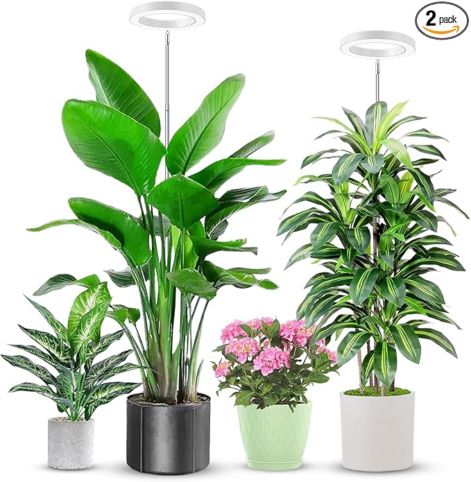 Grow Lights for Indoor Plants, 6000K Full Spectrum Plant Grow Lights, Height Adjustable 10"-65" Growing Lamp, Automatic Timer 6/12/16Hrs, 5-Level Dimmable, Idea for Large Plant, 2 Pack