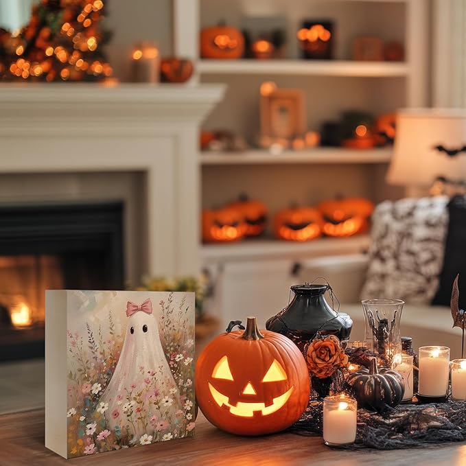 Mtrgdn Cute Halloween Decor,Halloween Decorations Indoor,Ghost with Bow Flower Desk Decor Wooden Box Sign,Halloween Home Office Kitchen Bathroom Bedroom Coffee Bar Table Shelf Wall Decorations,5x5 In