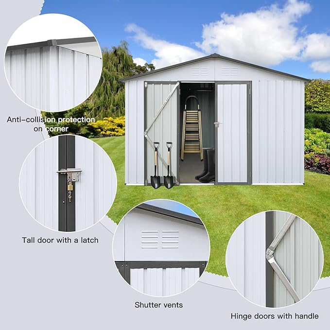 10x12 FT Metal Outdoor Storage Shed & Double Hinged Large Door - Heavy-Duty Shed with Floor, Lockable & Ventilation - Rainproof Windproof Large Utility Garden Shed for Backyard Patio Lawn