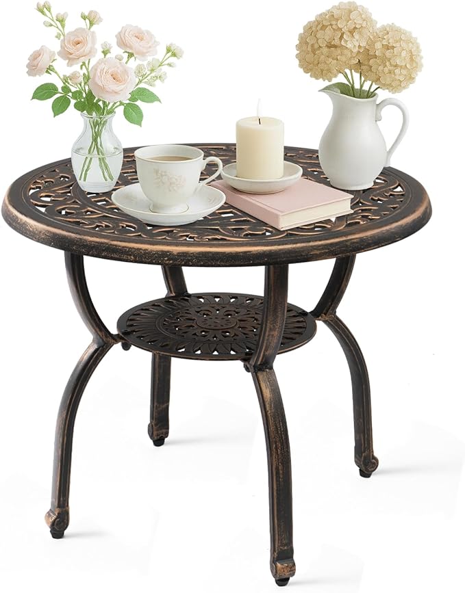 Outvita Patio Side Table, 23.6in Outdoor Round Cast Aluminum Bistro Table and Antique Design for Backyard Porch Pool Balcony Deck Bronze
