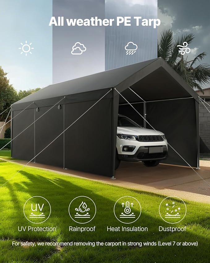 VEVOR Upgraded 10x20 FT Heavy Duty Carport Canopy with Roll-up Windows, All-Season Portable Garage with Removable Sidewalls & Doors, 12 Stakes & 12 Ropes, Car Tent for Car, Truck, Boat, Equipment