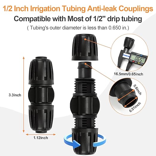 21 Pieces1/2 Inch Drip Irrigation Fittings Kit, 1/2'' Drip Line Barbed Locked Connectors for 1/2 Inch Irrigation Tubing (1/2" ID x 0.640" OD) Coupling Tee Elbow Plug Valve Faucet Adapter