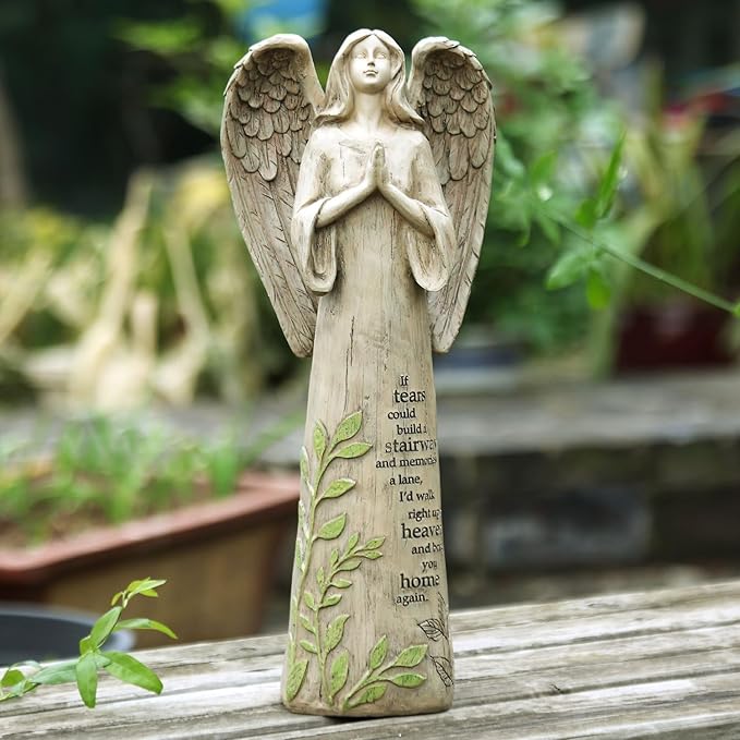 Garden Resin Angel Statue Standing Praying, Patio and Lawn Decoration Outdoor Waterproof Sculpture Ornament for Angel Memorial Gifts Home Decoration, 13" H