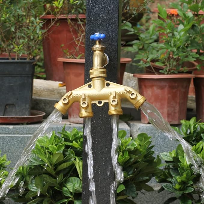 Garden Hose Splitter Heavy Duty Brass Connector, Garden Faucet Splitter for Outdoor Faucet Hose Bib Splitter, Adapter with Comfortable Grip Shut Off Valves (4 Way splitter)