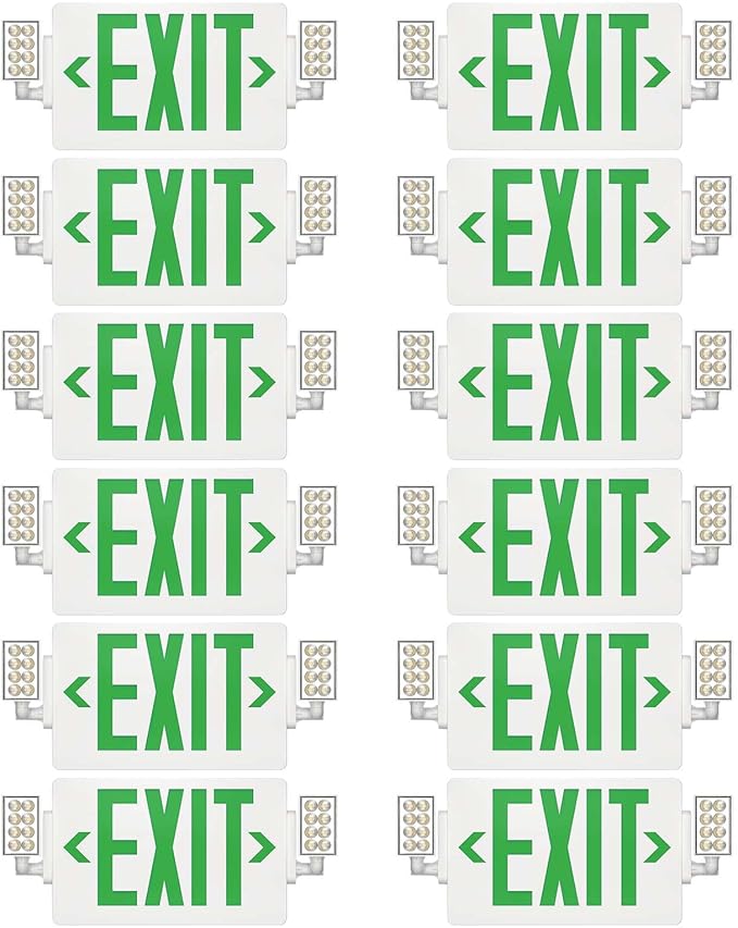 Spectsun 12 Packs Exit Signs with Emergency Lights,120-277VAC -LED Combo Emergency Light with Backup Battery-Double Face UL Listed Green Letter Exit Sign Lighting-Hard Wired-Fire Resistant