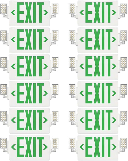 Spectsun 12 Packs Exit Signs with Emergency Lights,120-277VAC -LED Combo Emergency Light with Backup Battery-Double Face UL Listed Green Letter Exit Sign Lighting-Hard Wired-Fire Resistant