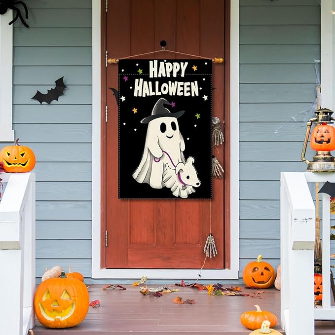 Happy Halloween Ghost Dog House Flag Large 28X40 Inch Big Vertical Double Sided Yard Outdoor Outside Holiday Decoration