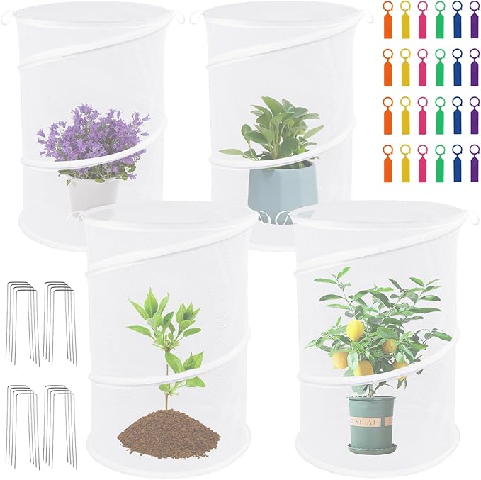 4 Pack Pop Up Plant Covers from Animals, 20" H X 13" D Insect Garden Covers, Round Foldable Mesh Plant Cover, Plant Protectors for Outdoor Plants, with Stakes and Labels (White)