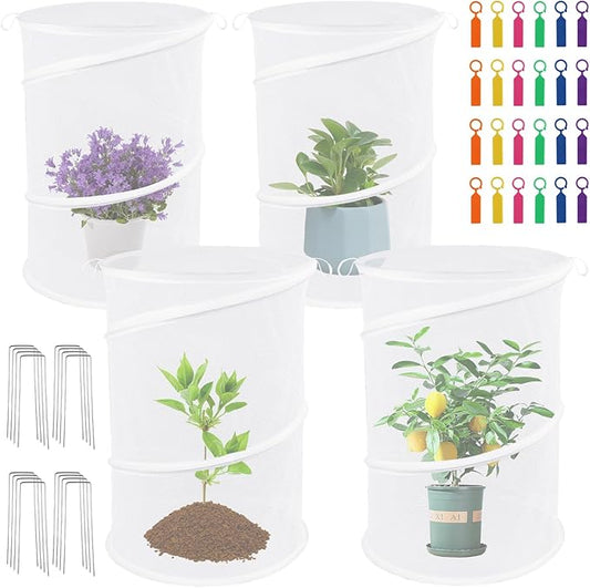 4 Pack Pop Up Plant Covers from Animals, 20" H X 13" D Insect Garden Covers, Round Foldable Mesh Plant Cover, Plant Protectors for Outdoor Plants, with Stakes and Labels (White)