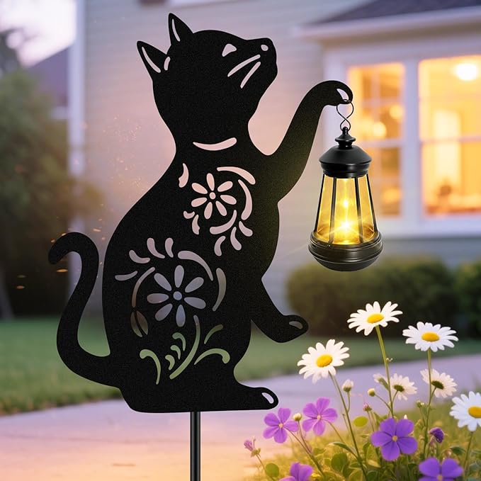 Solar Cat Hanging Lantern Outdoor, Black Cat Solar Lights, Cat Lover Gifts for Women Mom Grandma Birthday,Christmas,Mother's Day,Waterproof Garden Ornaments Decor Outside Backyard,Patio,Pathway